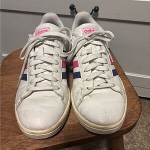 Adidas White Sneakers with Pink and Navy Accents